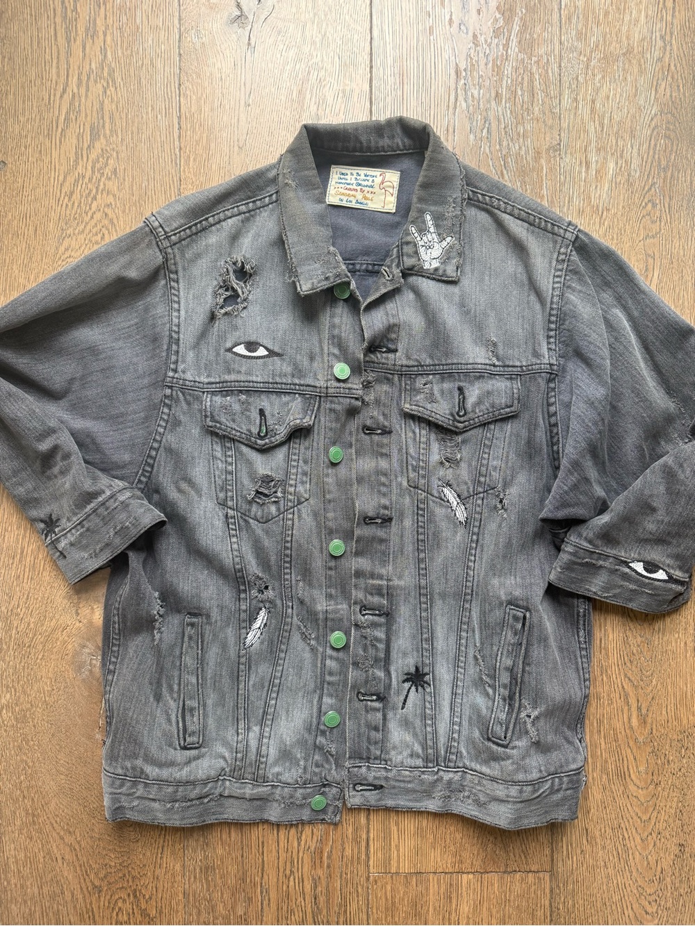 Sandrine Rose Washed Black Distressed Denim Jacket with Embroidery